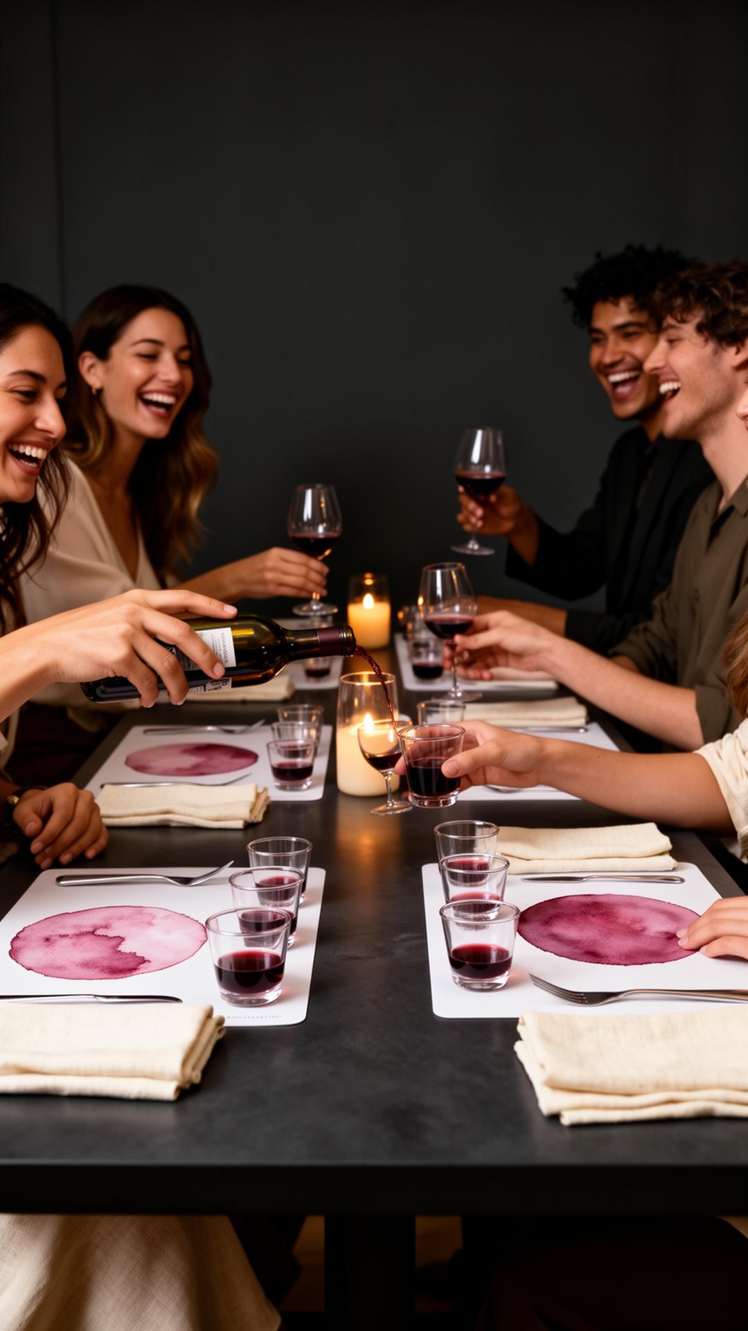 Friends gathered around a candlelit wine tasting
