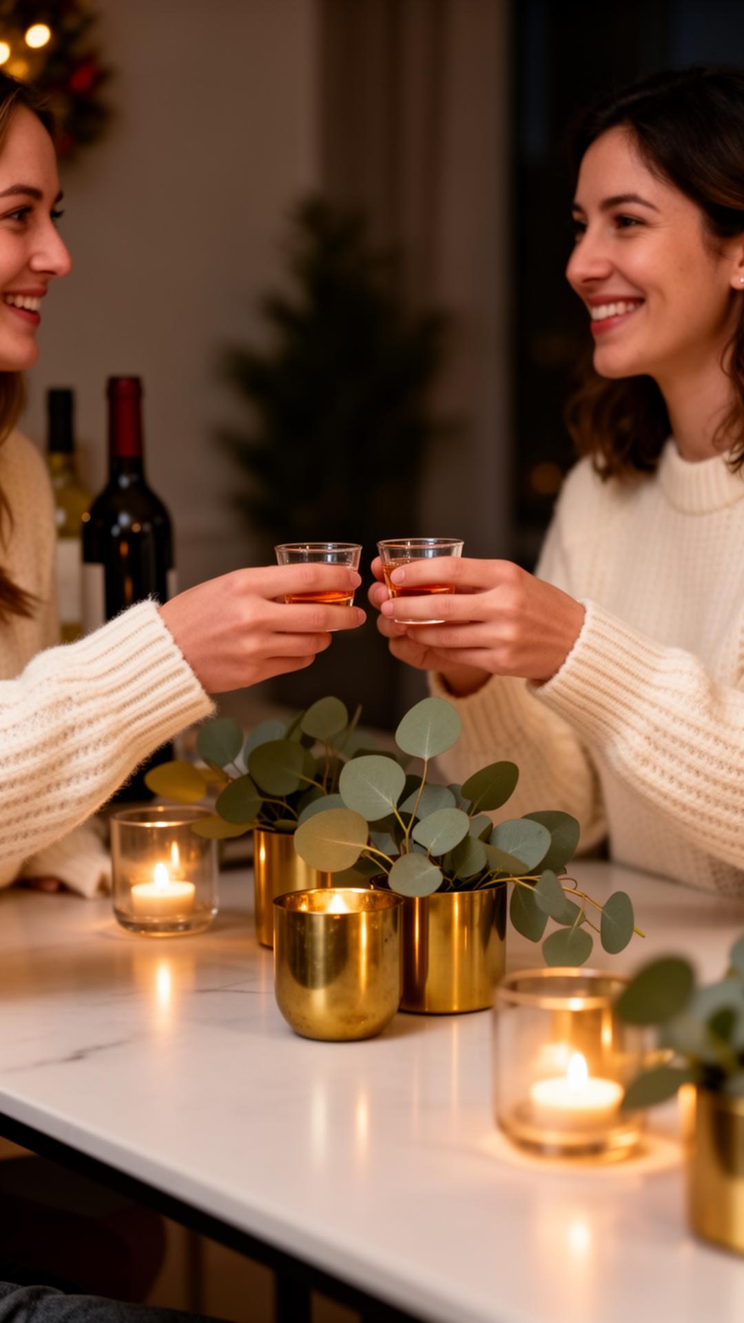 Two friends clinking tasting cups at a holiday table